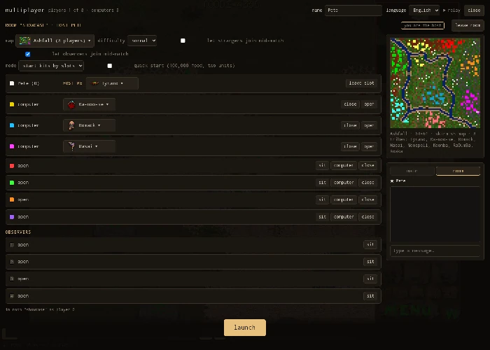 Lobby: seats, colours, observers, chat